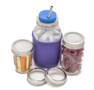 Mason Jar Band Stainless Steel Rust Proof example on jars with sleeve and lid in use