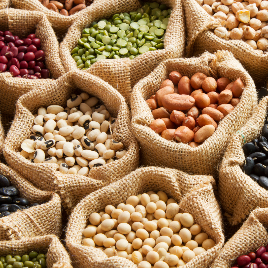 image of sacks of beans, peas and other organic dry foods