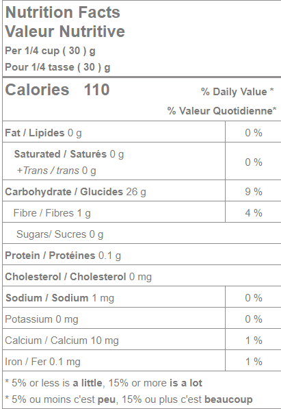 Nutrition facts for Arrowroot Powder.