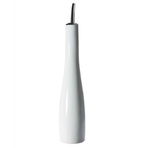 A white ceramic oil bottle with a stainless steel pour spout. Beautifully aesthetic and functional!