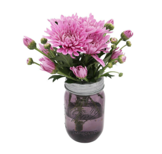 Flower Organizer Frog Lid For Mason Jar, with pink flowers in it