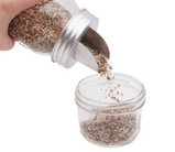 Grain DIspenser Lid Mason Jar demonstration with grains