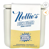 A white ceramic square dish with a Nellies Dish butter label