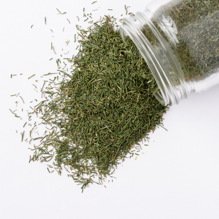 Dill weeds coming out of a clear glass jar on a white background