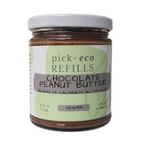 Chocolate Peanut butter in a jar with a green and white pickeco label on it. 