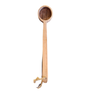A white background with a wooden scoop and long handle