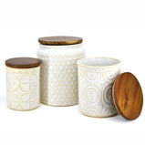 3 different sizes and patterns of beautiful stoneware storage containers with acacia wood lids.