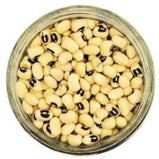 White background with a glass jar filled with Organic Black Eyed Peas. 