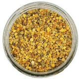 White background with a glass jar filled with Organic Bee Pollen.