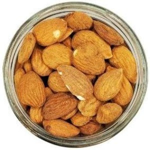 White background with a glass jar of Whole Raw Organic Almonds.