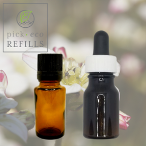 Two Essential oil bottles are in front of a picture of Champa flowers.
