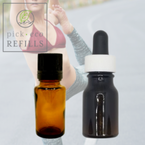 Two Essential oil bottles are in front of a picture of someone stretching.