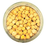 A jar of dried garbanzo beans in a jar with a white background.