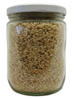White background with a clear, glass jar filled with Organic Short Grain Lundberg Brown Rice sealed with a white lid.
