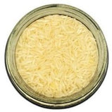 White background with a glass jar filled with White Basmati Rice.