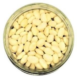 White background with a glass jar filled with Organic Cannellini beans.